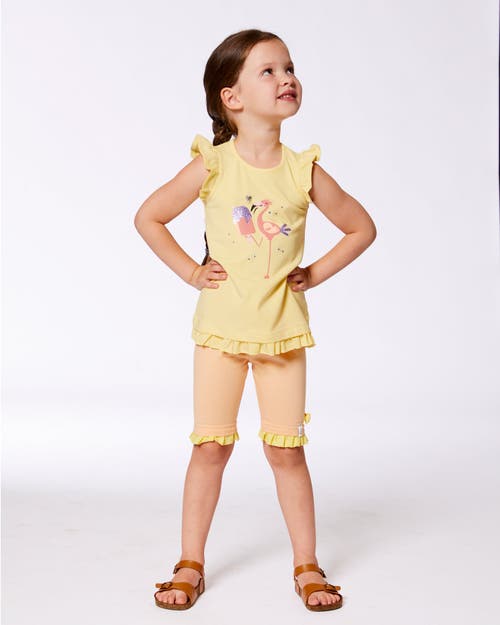 DEUX PAR DEUX DEUX PAR DEUX GIRL'S ORGANIC COTTON TUNIC WITH FRILL AND PRINT YELLOW AND FLAMINGO 