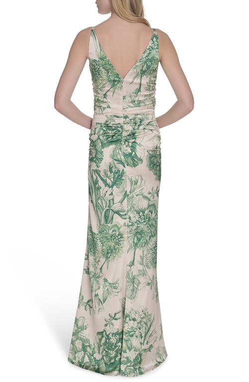 Vince Camuto Floral Ruched Waist Satin Gown In Green