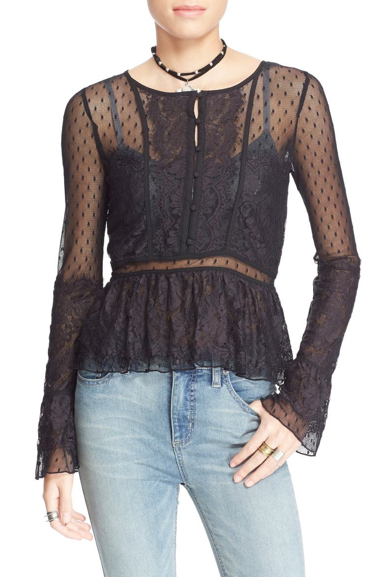'Penelope' Sheer Peplum Top, Main, color, BLACK COMBO