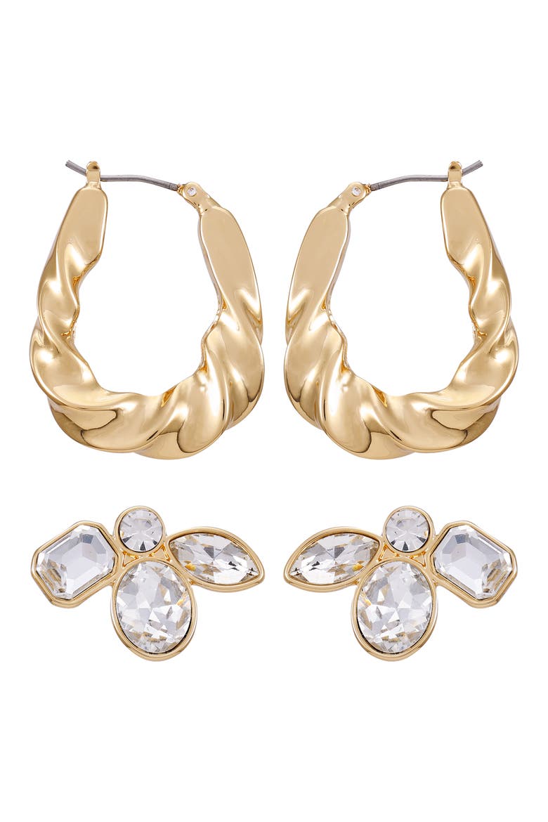 Crystal Studs & Hoop Earrings Set, Main, color, GOLD TONE
