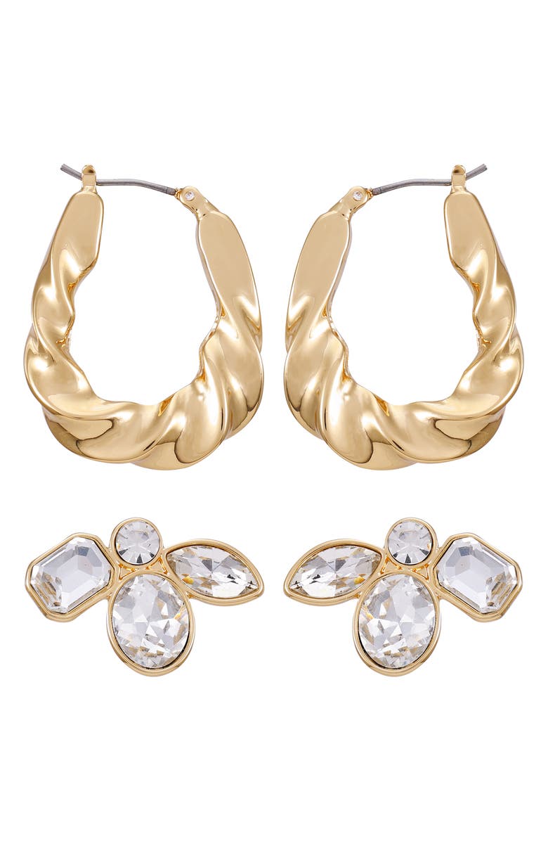 Vince Camuto Crystal Studs & Hoop Earrings Set, Main, color, Gold Tone