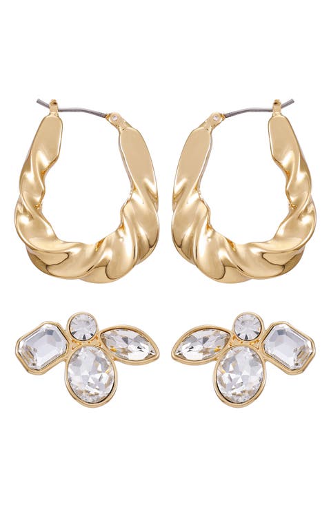 Crystal Studs & Hoop Earrings Set