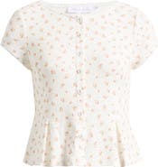 All in Favor Floral Pointelle Stitch Peplum Button-Up Top