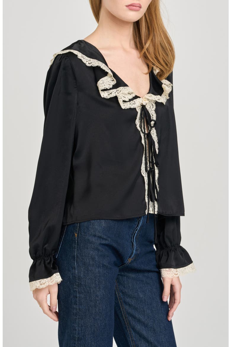Lacy Long Sleeve Tie Front Top, Alternate, color, BLACK