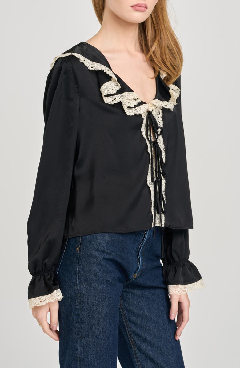 WAYF Lacy Long Sleeve Tie Front Top, Alternate, color, Black