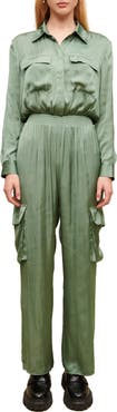 maje Paicy Long Sleeve Satin Cargo Jumpsuit