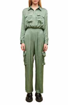 maje Paicy Long Sleeve Satin Cargo Jumpsuit