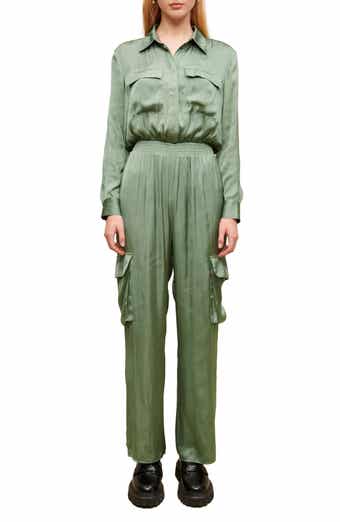 maje Paicy Long Sleeve Satin Cargo Jumpsuit
