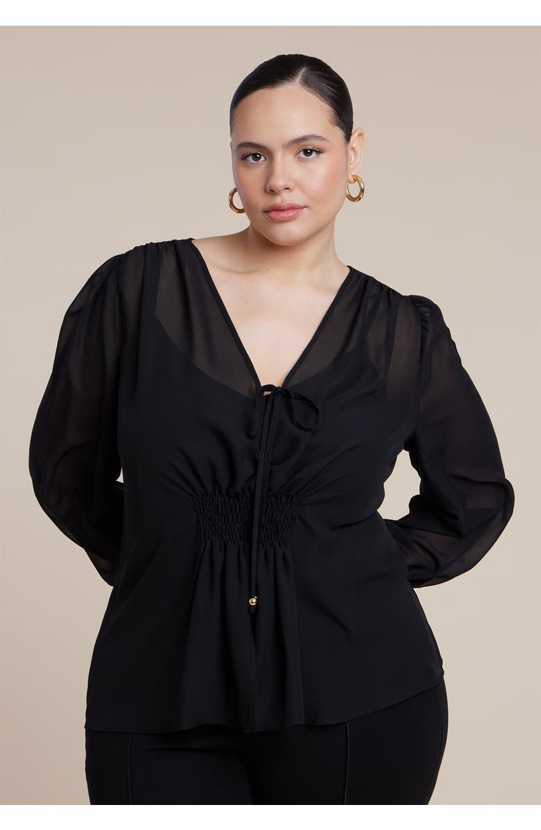 ELOQUII Smocked Sheer Blouse, Main, color, Black Onyx