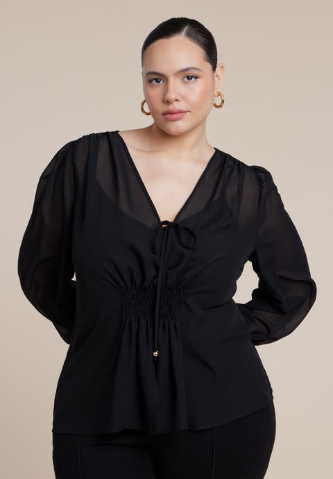 Smocked Sheer Blouse (Plus)