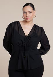 ELOQUII Smocked Sheer Blouse