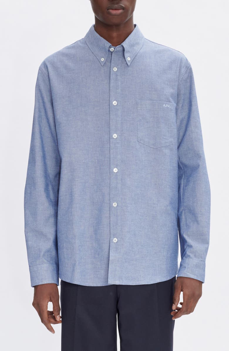 A.P.C. Edouard Brodee Organic Cotton Button-Down Chambray Shirt, Main, color, Indigo
