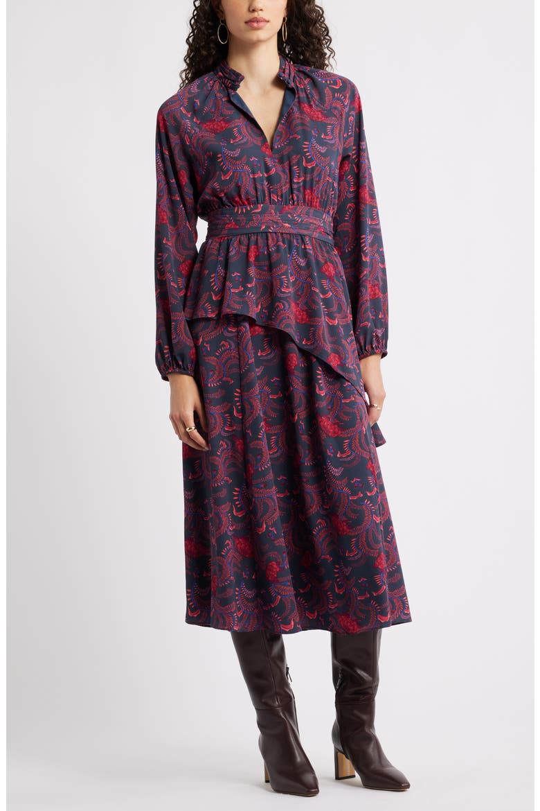 Long Sleeve Ruffle Midi Dress, Main, color, NAVY FLORAL VINE