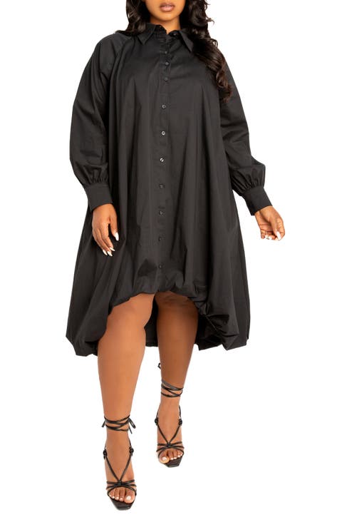 Long Sleeve High-Low Bubble Hem Shirtdress (Plus)