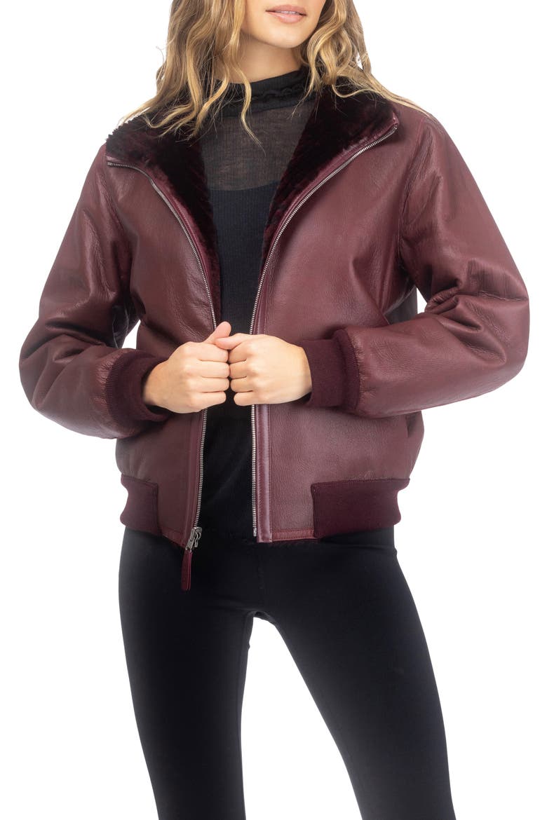 Reversible Grooved Genuine Shearling Insignia Bomber Jacket, Alternate, color, Burgundy/Black