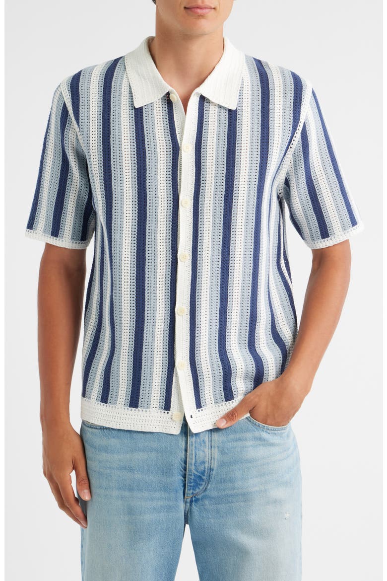 Porto Stripe Short Sleeve Cotton Blend Button-Up Shirt, Main, color, BLUE / ECRU
