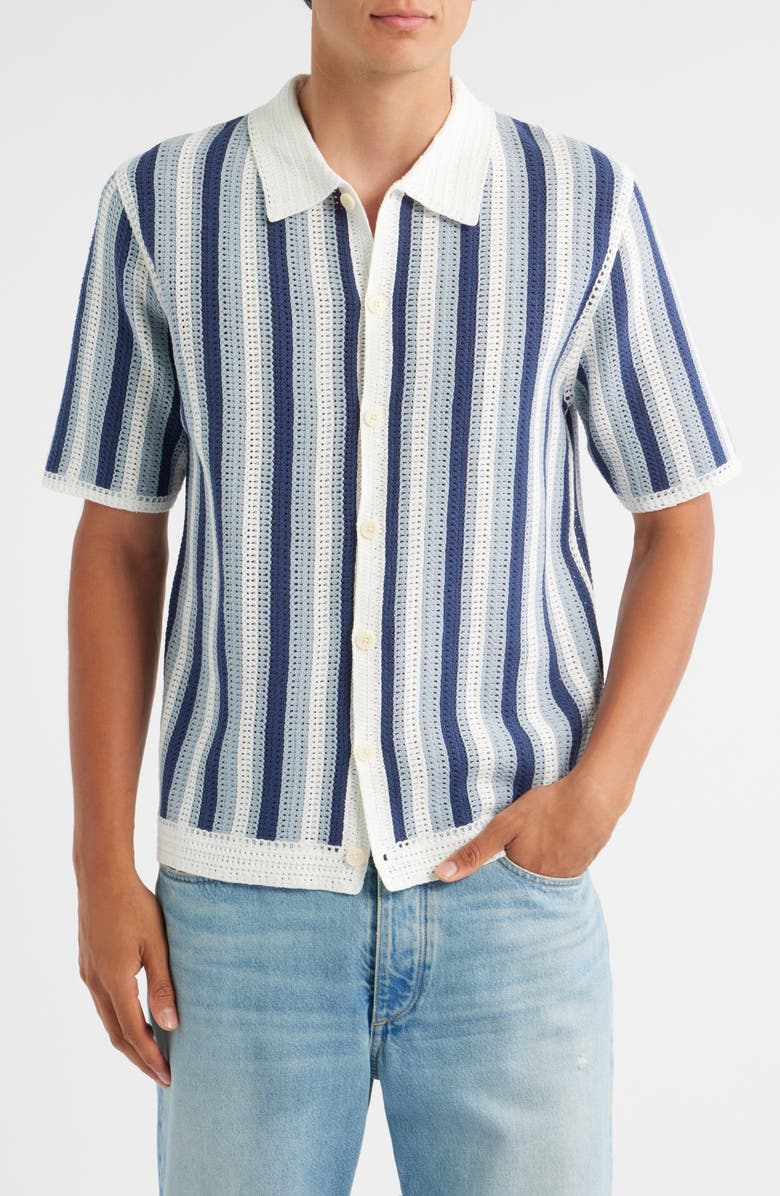 Wax London Porto Stripe Short Sleeve Cotton Blend Button-Up Shirt, Main, color, Blue / Ecru