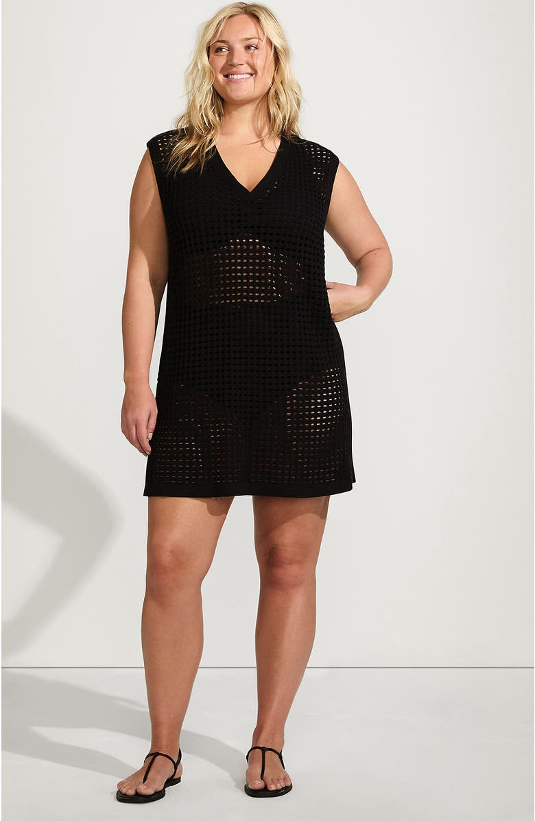 Lands' End Cotton Open Knit V-Neck Swim Cover-up Dress, Main, color, Black