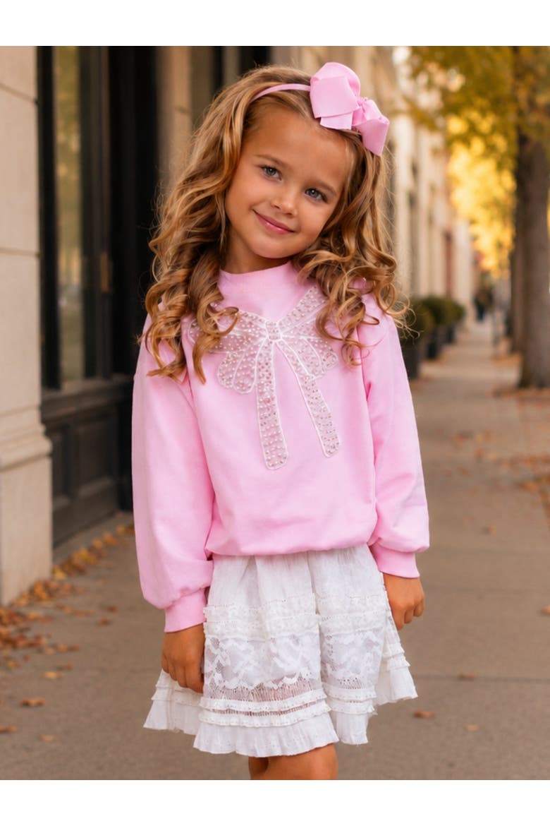 Pretty in Pink Pearl Bow Top and Lace Skirt Set, Alternate, color, Pink