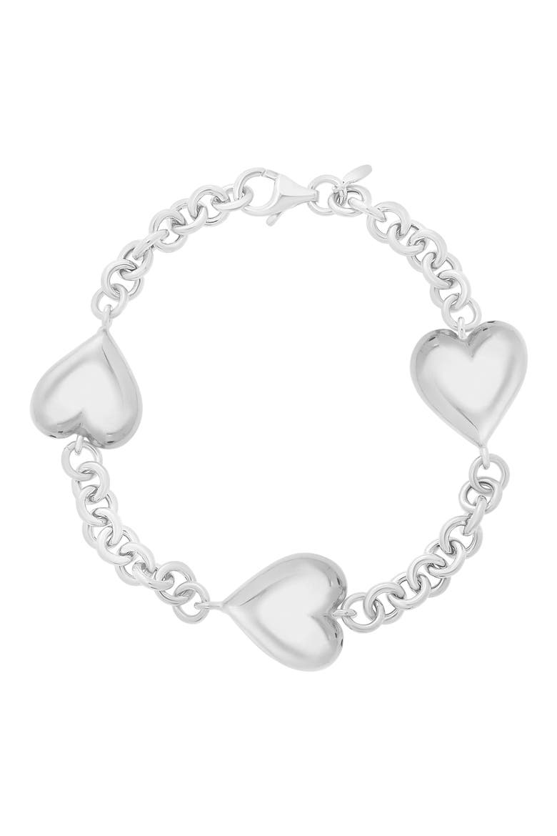 Puffed Heart Station Chain Bracelet, Main, color, RHODIUM WHITE