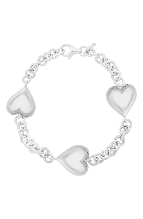 Puffed Heart Station Chain Bracelet