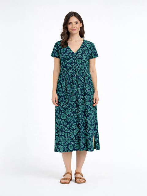 Printed Gathered-Waist Midi Jersey Dress
