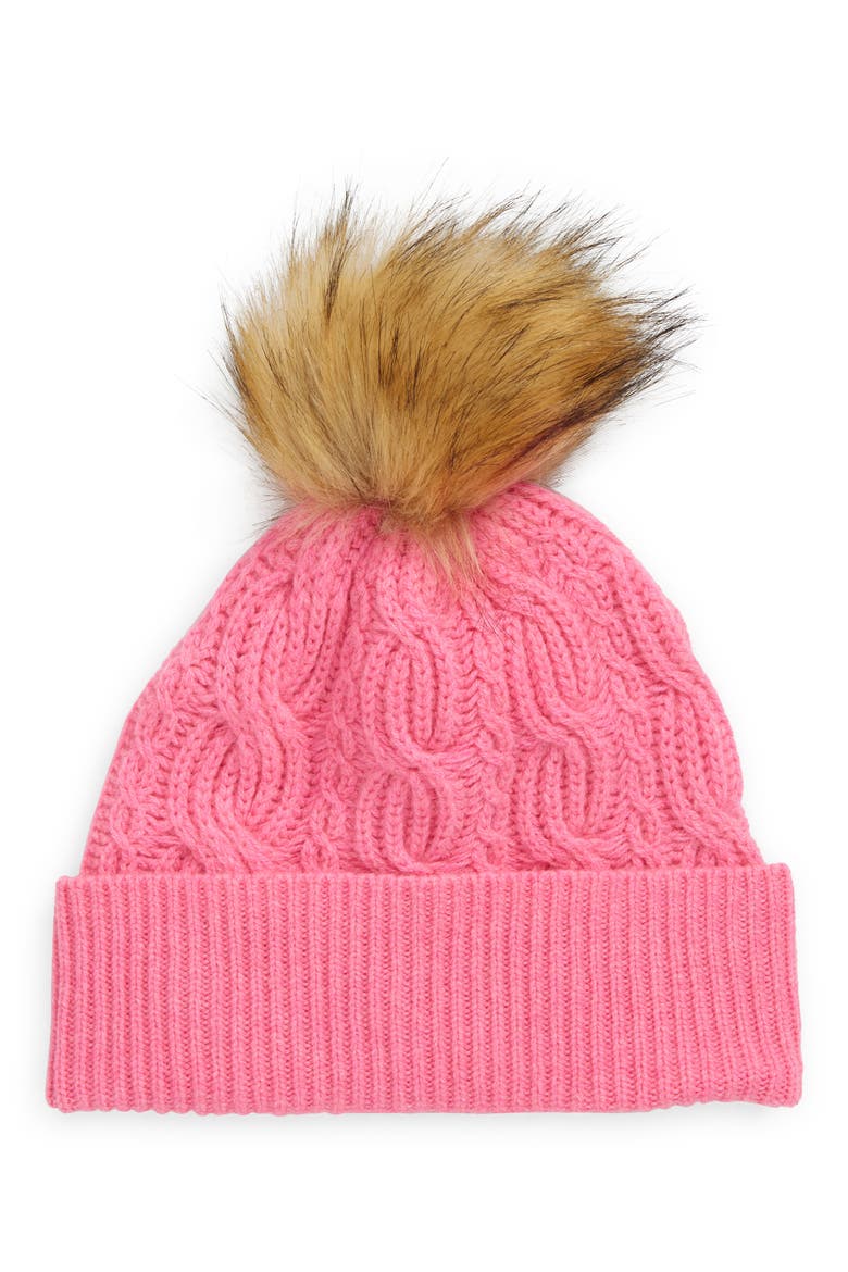 Wool & Recycled Cashmere Faux Fur Pom Beanie, Main, color, PINK SUNSET HEATHER