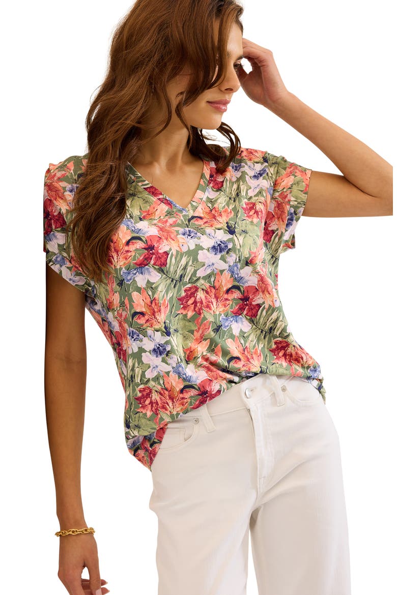 Kauai Island Blooms V-Neck T-Shirt, Alternate, color, DUSTY SAGE