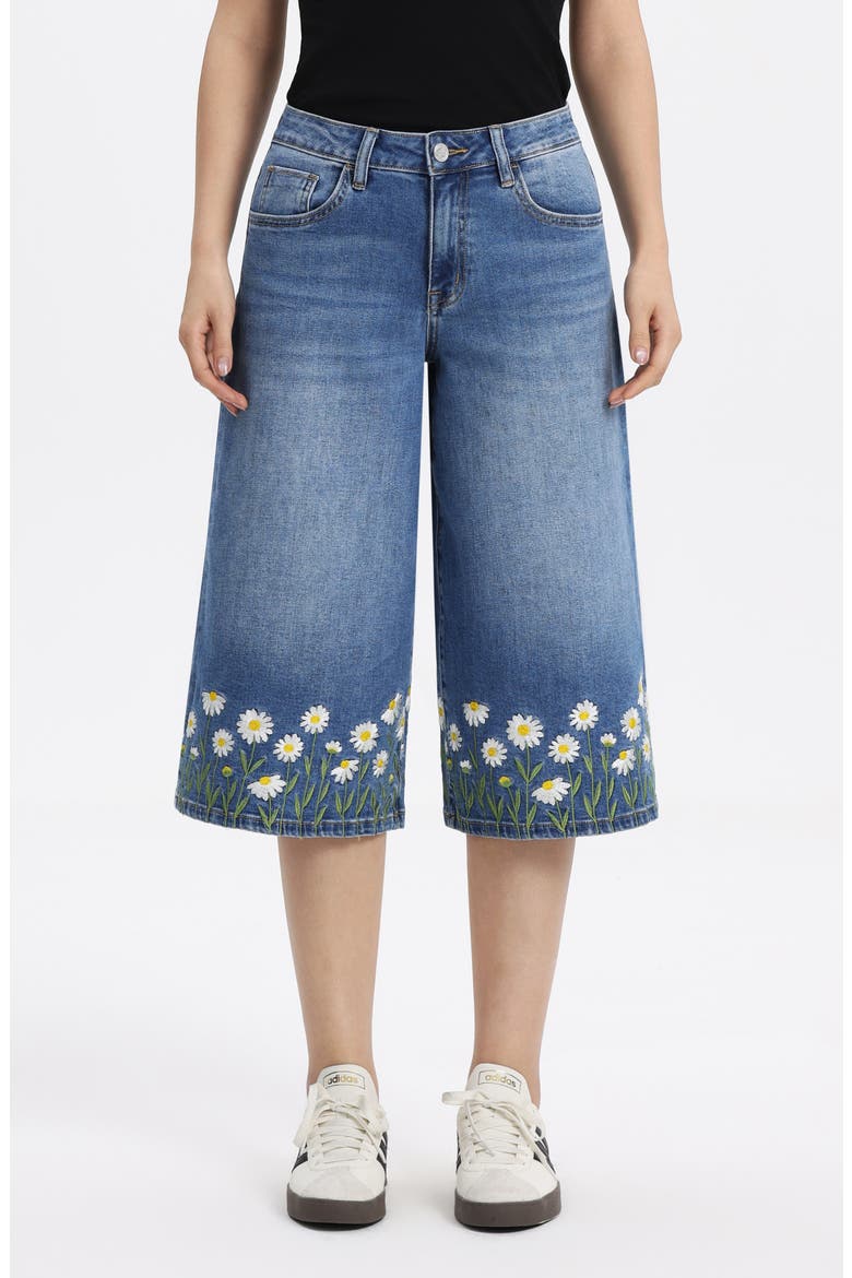 Floral Embroidered High Waist Bermuda Denim Shorts, Main, color, PUREMEADOW