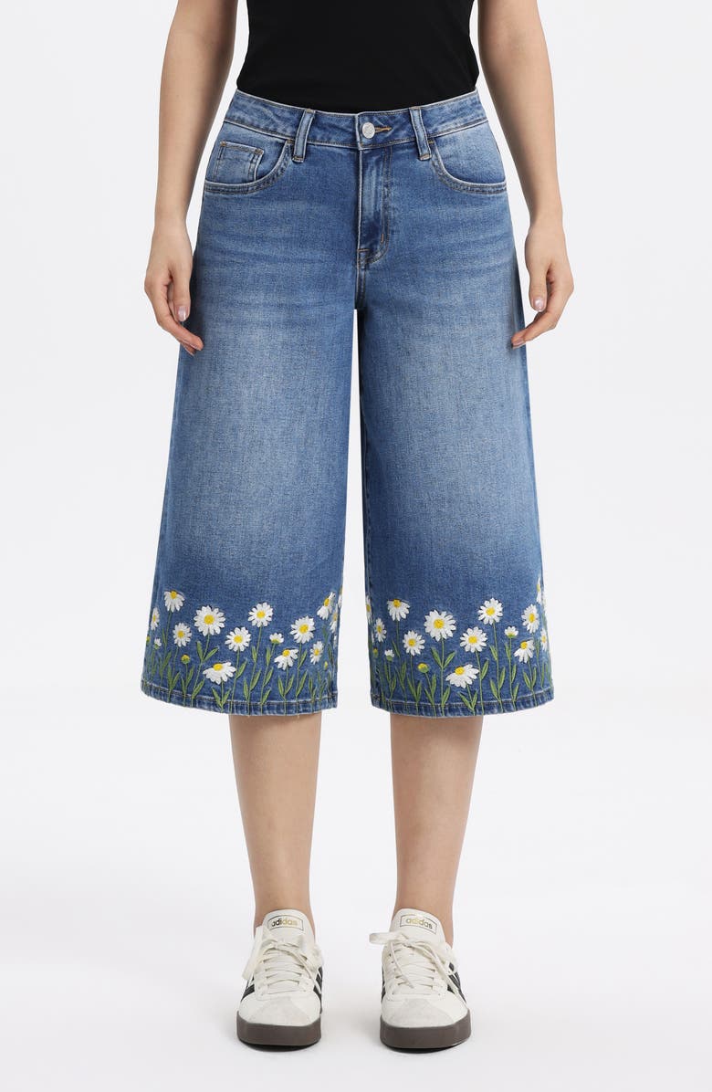 Bayeas Floral Embroidered High Waist Bermuda Denim Shorts, Main, color, Puremeadow
