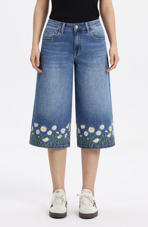 Floral Embroidered High Waist Bermuda Denim Shorts