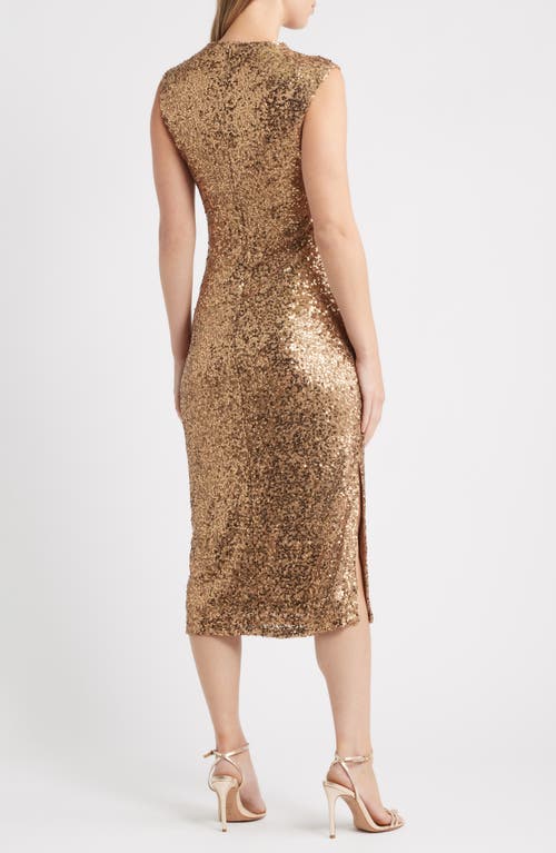 Anne Klein Draped Sleeveless Sequin Sheath Midi Dress In Gold