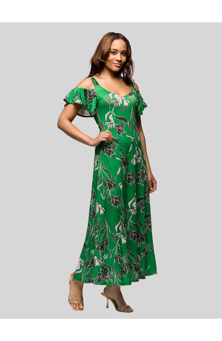 24seven Comfort Apparel Green Floral Cold Sholder Ruffle Sleeve A-Line Maxi Dress, Alternate, color, Green Multi