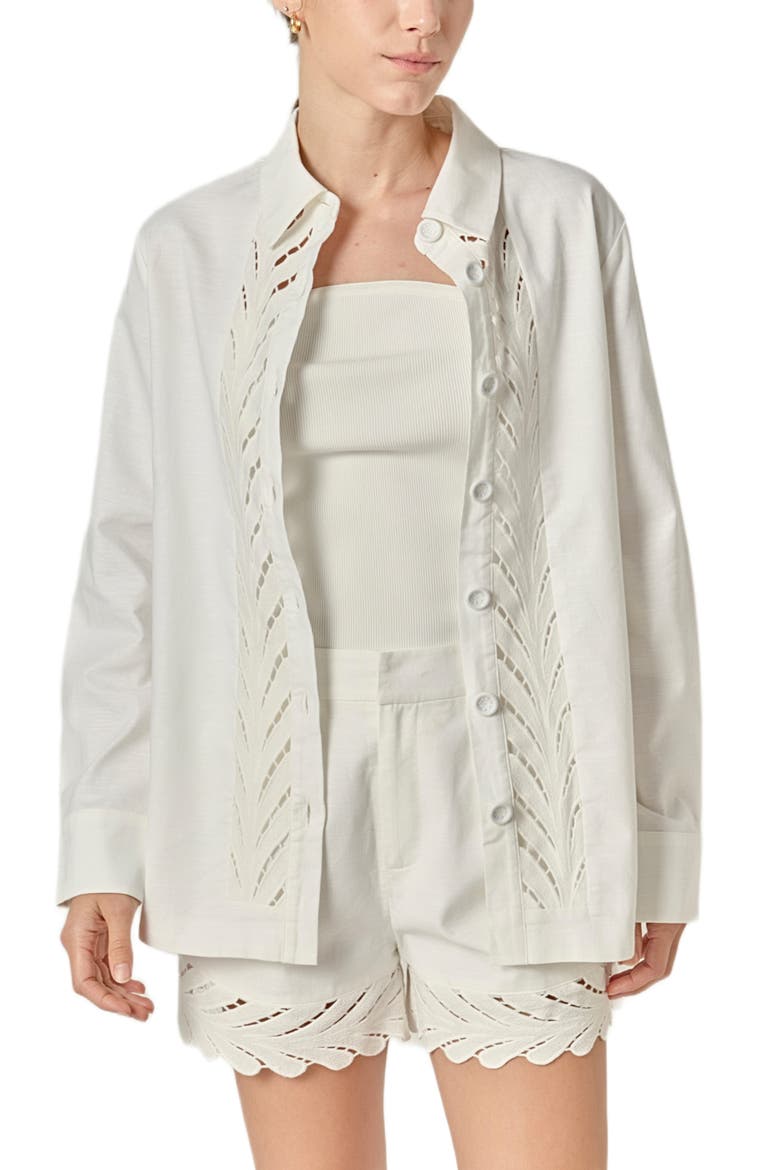 Eyelet Embroidered Oversize Linen & Cotton Button-Up Shirt, Main, color, OFF WHITE