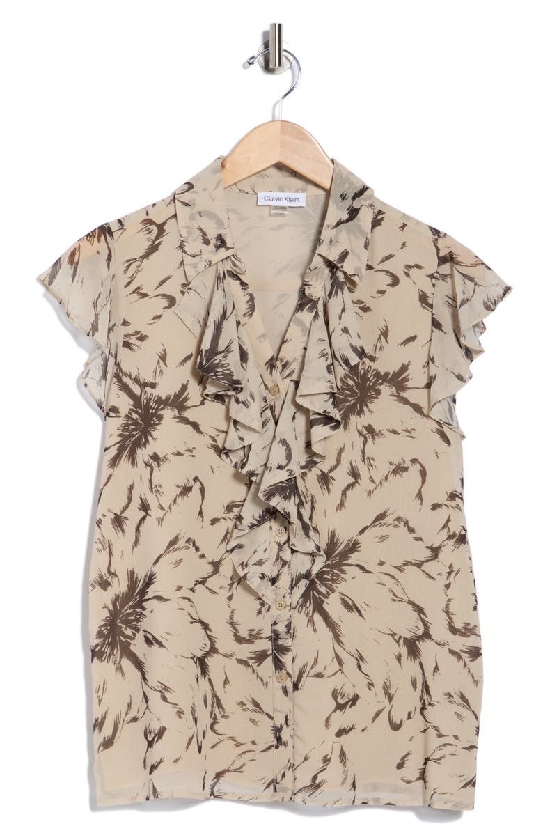 Calvin Klein Cap Sleeve Ruffle Button-Up Shirt, Alternate, color, Latte/ Coffe Bean