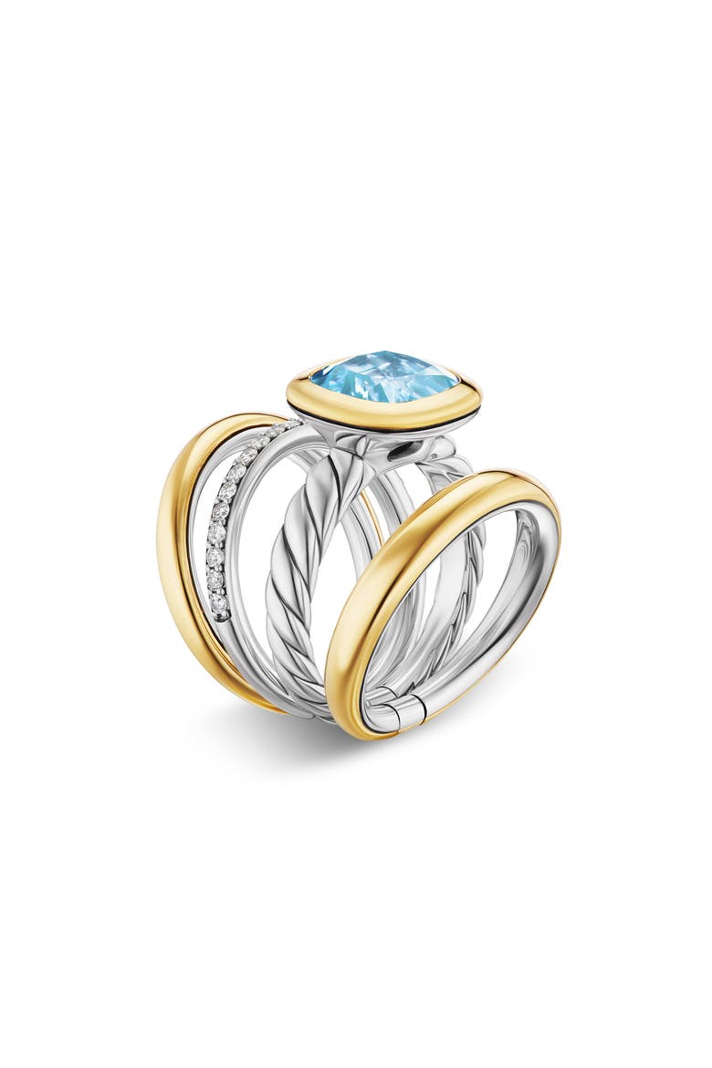 DY Mercer® Four Row Stone Ring in Sterling Silver with 18K Yellow Gold, Sky Blue Topaz & Diamonds, 14mm, Alternate, color, SKY BLUE TOPAZ