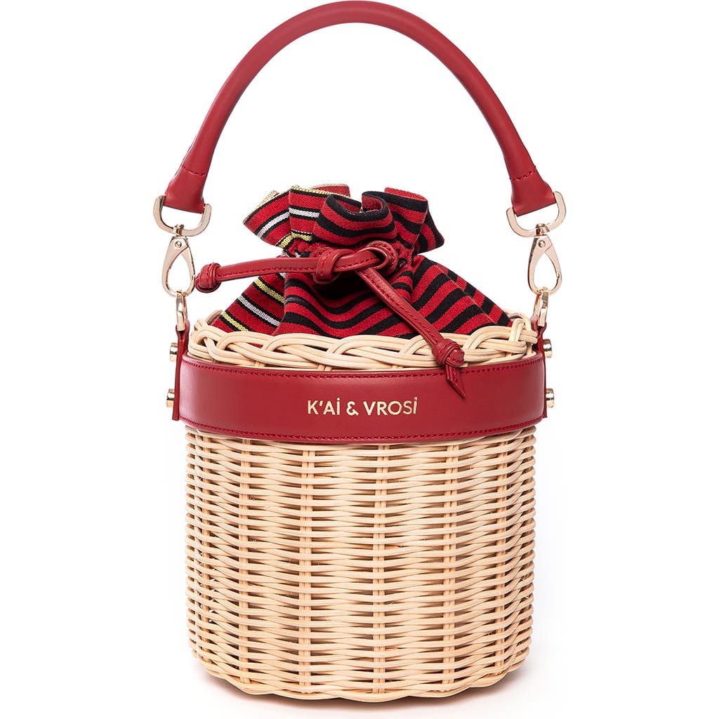 Kai & Vrosi K'ai & Vrosi Leather & Straw Bucket Bag With Drawstring In Red
