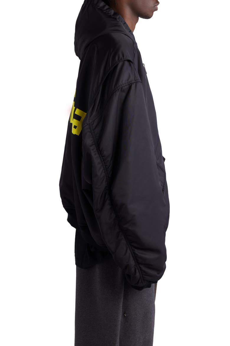 Tape Logo Oversize Hooded Bomber Jacket, Alternate, color, BLACK
