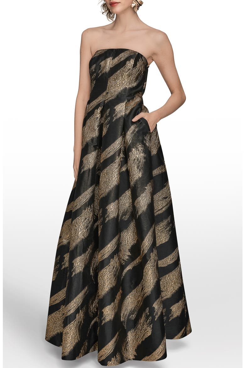Strapless Fit & Flare Gown, Alternate, color, BLACK/ GOLD