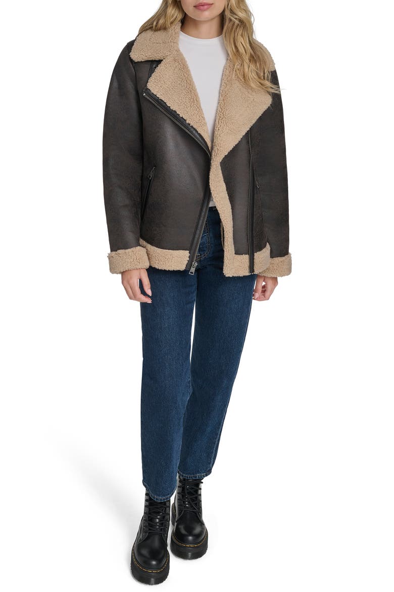 Faux Shearling Lined Faux Leather Moto Jacket, Alternate, color, MOLASSES