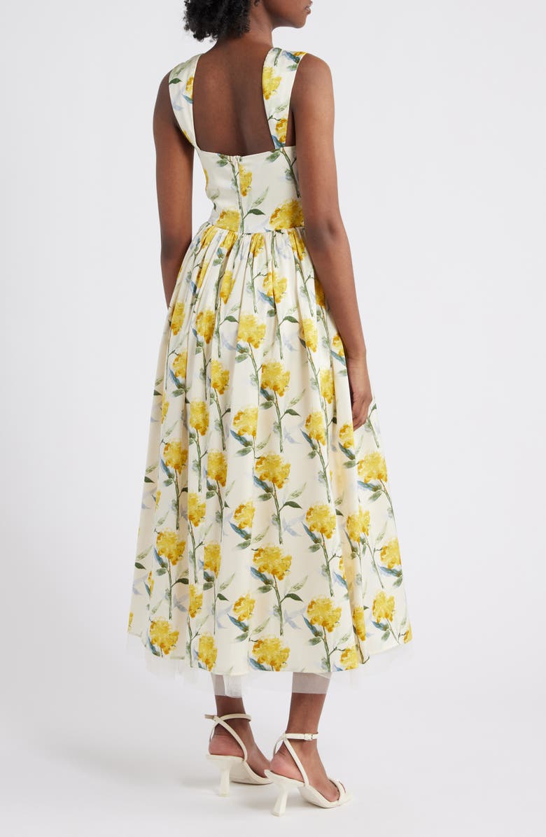 Lulus Nadia Floral Satin Midi Dress, Alternate, color, Yellow Floral