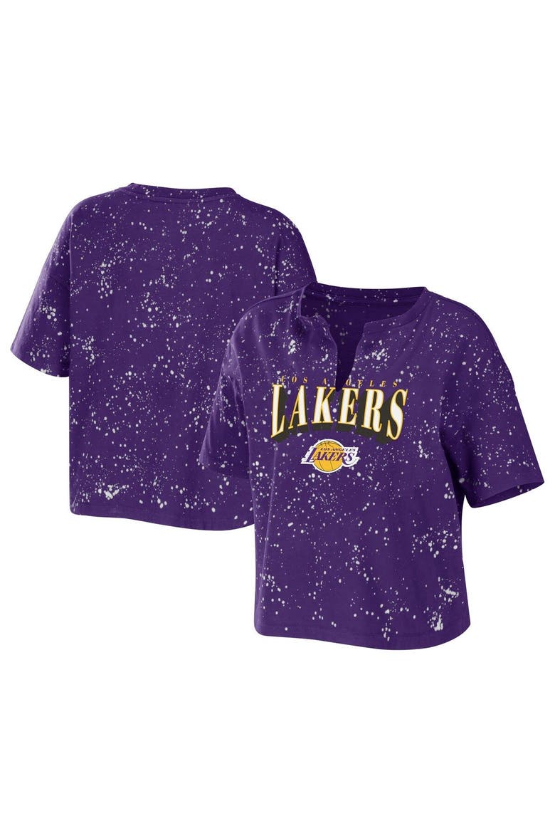 Women's WEAR by Erin Andrews Purple Los Angeles Lakers Bleach Splatter Notch Neck T-Shirt, Main, color, Purple