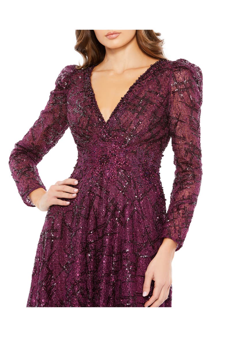 Embellished V Neck Long Sleeve A Line Gown, Alternate, color, PLUM