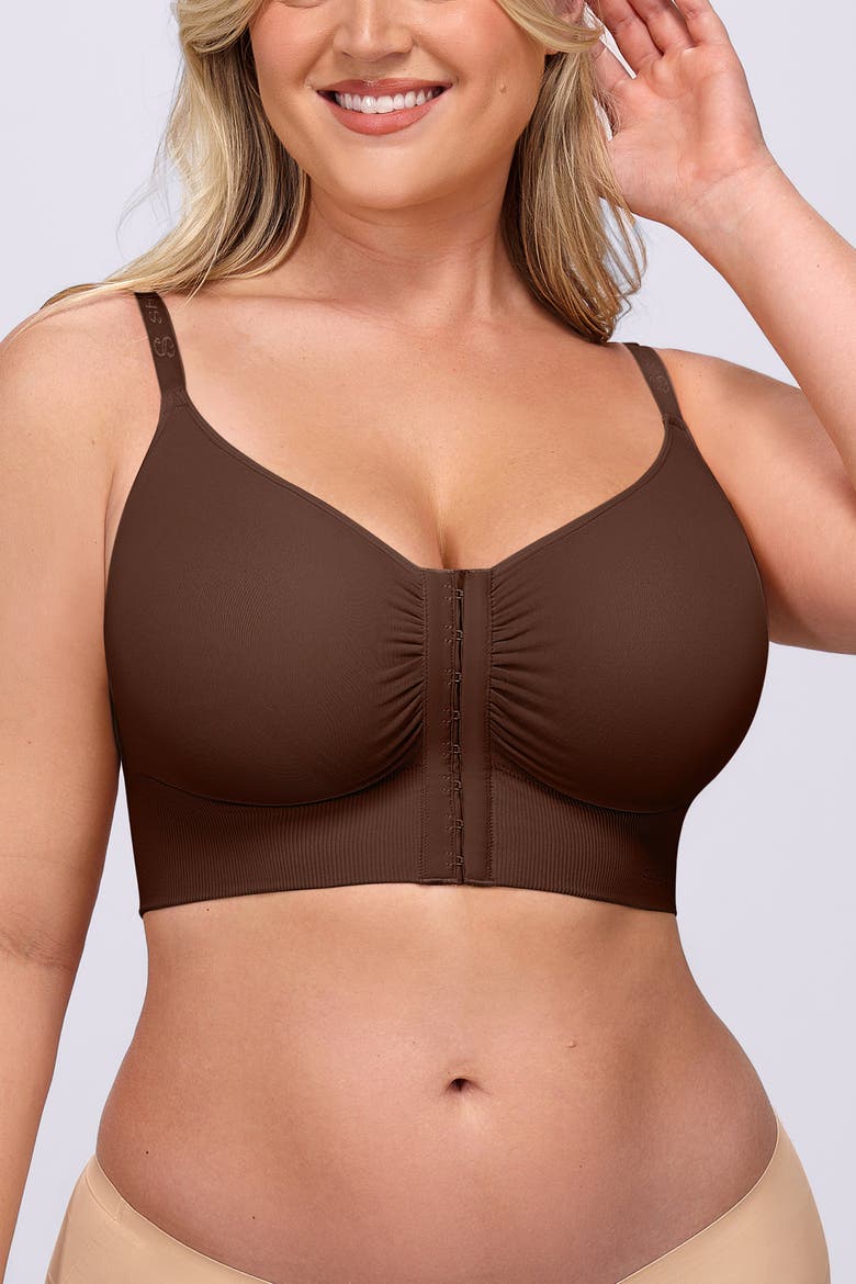 Back Smoothing Wireless Front Closure Bra, Alternate, color, Brown