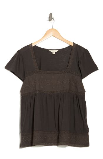 Lucky Brand Embroidered Square Neck Cotton & Modal Top In Raven
