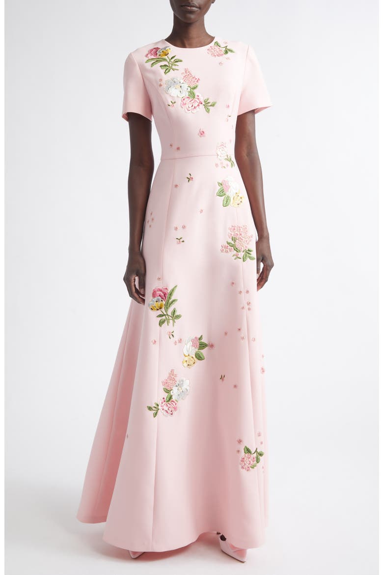 Floral Embroidered Crepe Gown, Main, color, ROSEWATER