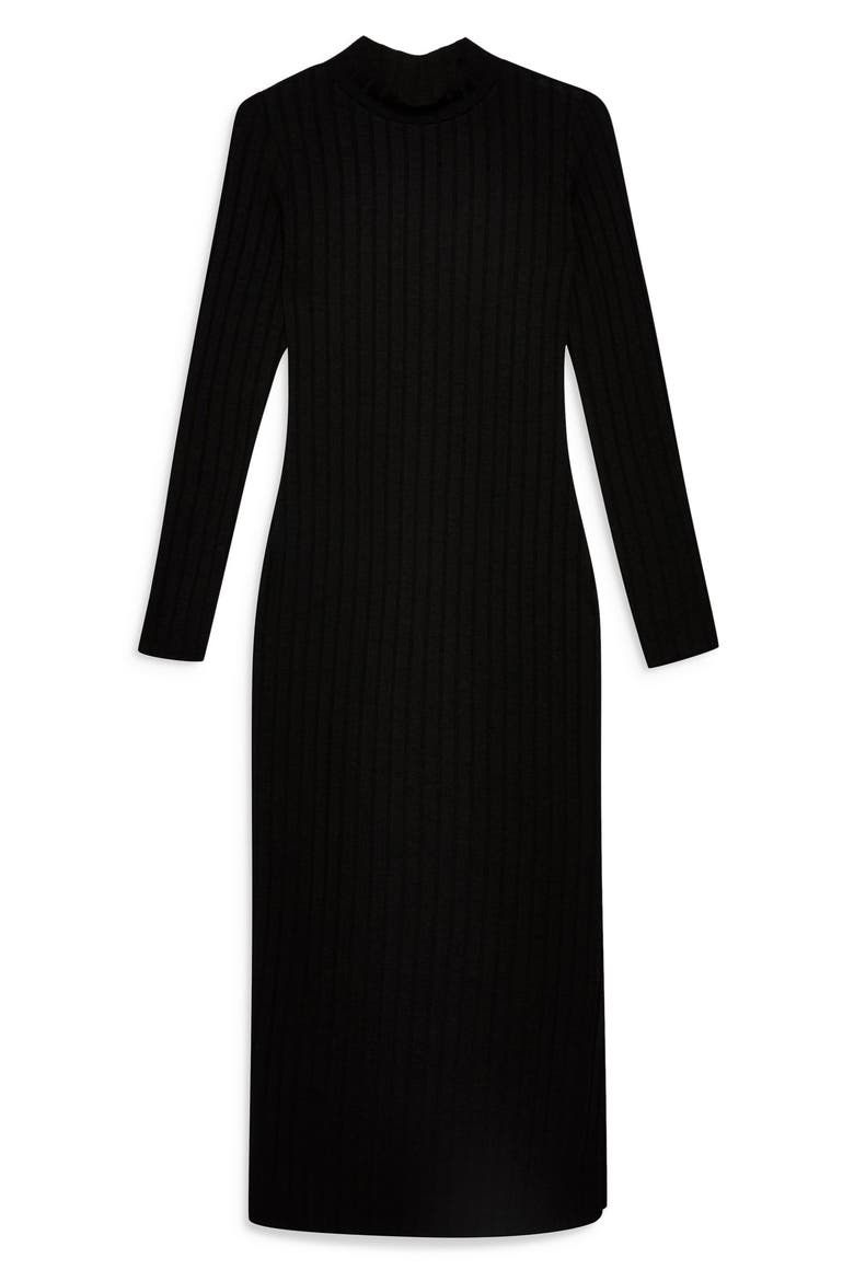 High Neck Ribbed Midi Dress, Alternate, color, BLACK