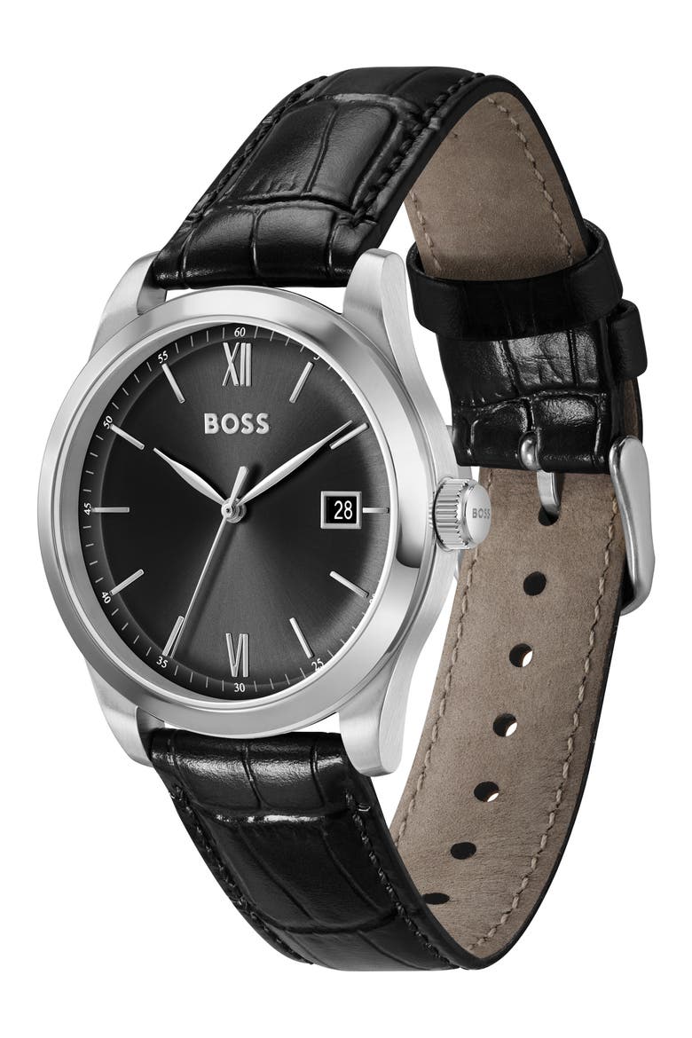 Langford Leather Strap Watch, 39mm, Alternate, color, BLACK