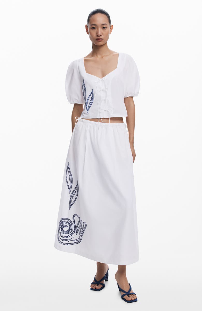 Desigual Embroidered Drawstring Cotton Maxi Skirt, Alternate, color, White