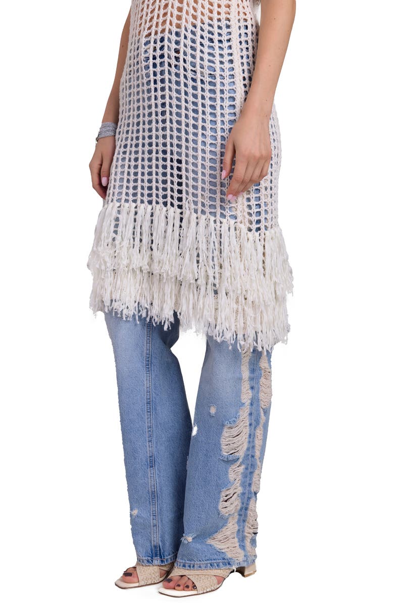 SAACHI Boho Chic Fringe Knit Cover-Up Dress, Alternate, color, Ivory